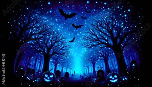 Fototapeta Ultraviolet light art with blue glowing dots forest and Halloween concept background 