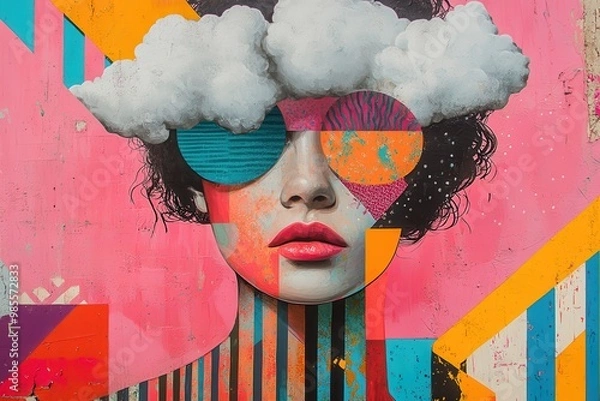 Obraz Colorful abstract portrait of a lady with clouds and geometric patterns on a vibrant pink background