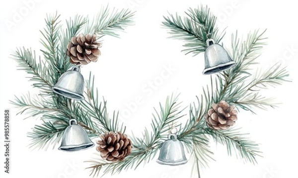 Fototapeta A wreath of pine branches with bells hanging from it
