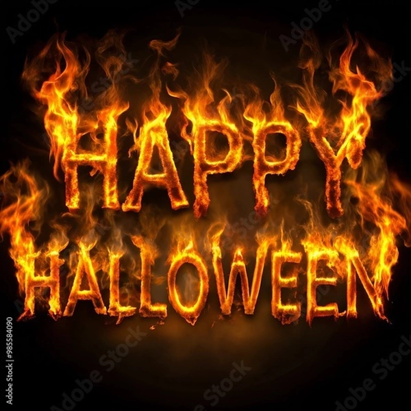 Obraz Word "Happy Halloween" spelled across it in flaming letters. Text Banner for Halloween Holiday, inscription Hello Halloween is on fire on a black background, burning letters.