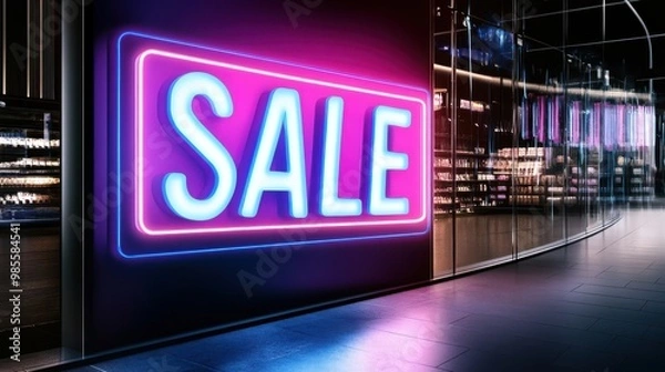 Fototapeta Flashy "Sale" neon text in pink and blue, glowing against a dark storefront, drawing attention to massive discounts.