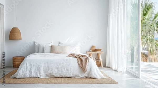 Fototapeta A serene bedroom with white decor and natural textures featuring large windows and palm views in a coastal retreat setting