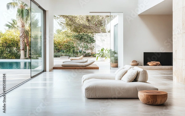 Fototapeta Modern minimalist living room with large windows opening to a serene outdoor space featuring a pool and lush greenery