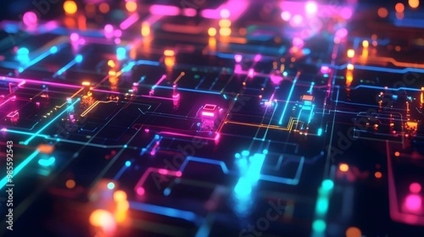 Fototapeta A vibrant diorama illustration of interconnected machine learning systems, glowing with dynamic colors and representing the excitement of AI-driven innovation.
