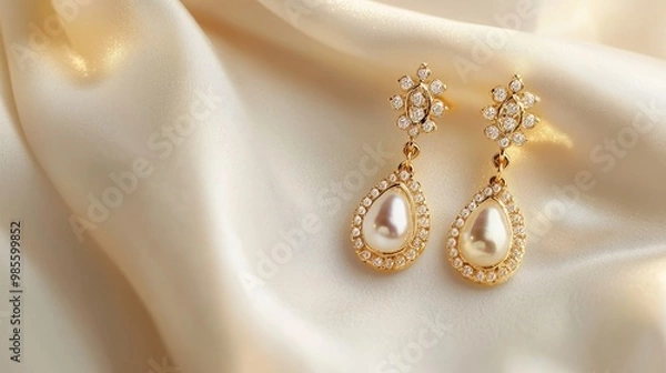 Fototapeta Beige fabric, elegant earrings, soft light, highlighting the sparkle of the gems, making the intricate design and luxurious luster stand out, creating a refined and elegant presentation.