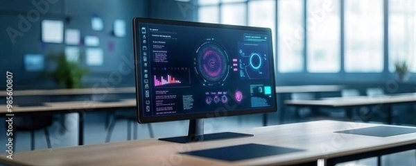 Fototapeta Virtual Classroom setup featuring a large digital screen with interactive lessons in progress