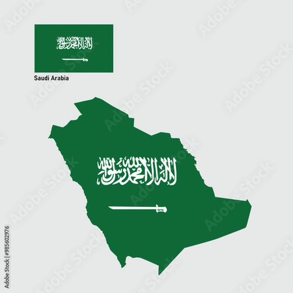 Fototapeta An illustration of the Saudi Arabian flag overlaying the map, with key cities like Riyadh, Mecca, and Medina subtly marked. It combines national symbols with geographic features.