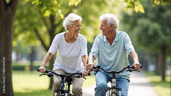 Obraz An elderly couple smiles joyfully at each other while riding bicycles through a tranquil park filled with lush greenery, basking in the warm autumn sunlight.