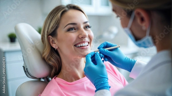 Obraz A woman with a bright smile sits in a dental chair as a hygienist performs a dental procedure. The clinic is bright and modern, creating a welcoming environment for patients.