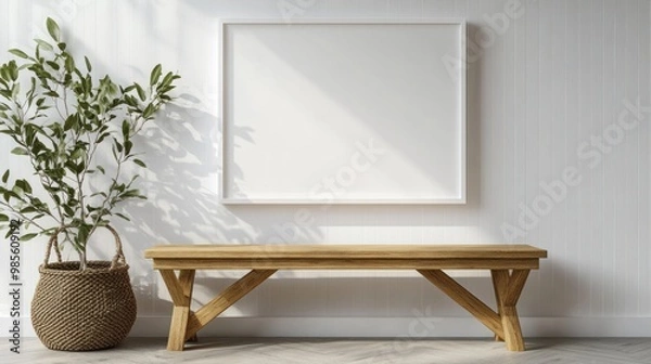 Fototapeta Minimalist Interior Design with a Wooden Bench and a Blank Canvas