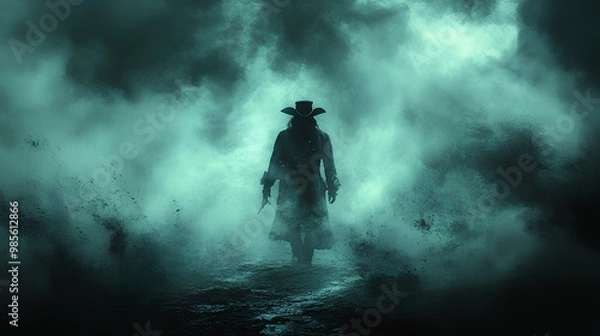 Fototapeta Ghostly pirate captain, lost in a maze of fog, eerie night, Watercolor style