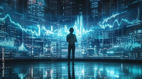 Fototapeta Businessperson Looking at Digital Cityscape with Data Visualization