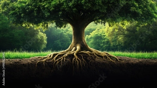 Fototapeta A tree with its roots showing in the ground