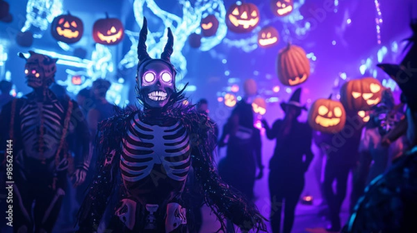 Fototapeta Futuristic Halloween Party with Robotic Skeleton Costume