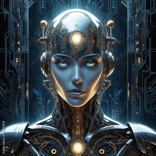 Obraz In the frame, a towering enigmatic figure looms, its metallic frame gleaming in the soft light. The main subject is a giant robot with intricate circuitry etched onto its sleek surface.