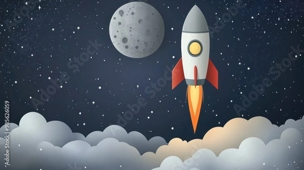 Fototapeta A rocket ship blasts off into space with a moon in the background.