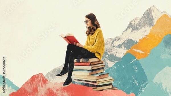 Fototapeta Young woman sitting on stack of books reading in front of mountain landscape.