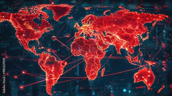 Fototapeta World Map: Cyber Attacks Between Nations