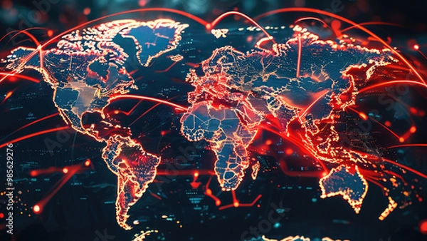 Fototapeta World Map: Cyber Attacks Between Nations
