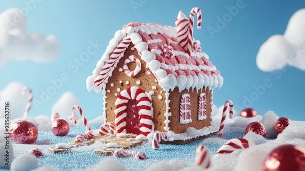Fototapeta A festive gingerbread house adorned with candy and canes, sitting on a table against a blue background with a blue sky. Generative AI
