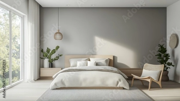 Fototapeta Modern Bedroom Interior Design with Wooden Bed and Natural Light