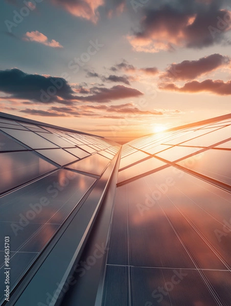 Fototapeta Stunning sunset highlighting solar panels, embodying the essence of renewable energy and a sustainable future.