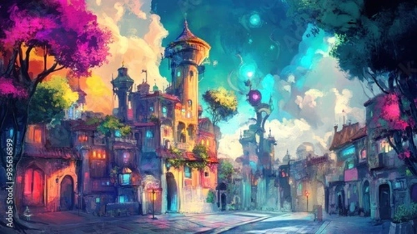 Fototapeta A fantasy cityscape with vibrant colors, glowing windows, and a towering building.