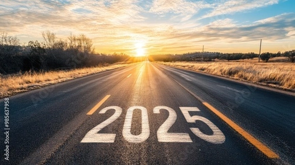 Fototapeta A highway with "2025" painted on it, pointing toward a bright future, representing business success and positive developments in the new year.