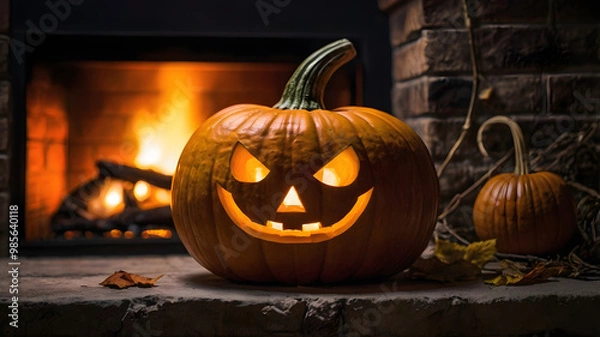 Fototapeta halloween, pumpkin lantern, pumpkin in the fireplace, ai generated, light