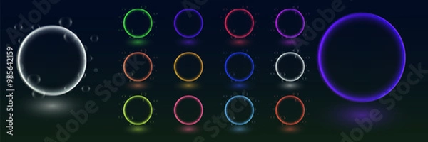 Fototapeta Collection of neon glowing circles. Magic flare effect and futuristic modern neon glowing frames.