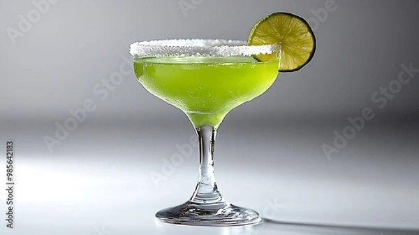 Fototapeta A classic Margarita cocktail in a salt-rimmed glass, bright green liquid, garnished with a lime wedge, set on a white background, minimalistic lighting, sharp and clean look.  --ar 16:9 --no logo