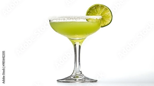 Fototapeta A classic Margarita cocktail in a salt-rimmed glass, bright green liquid, garnished with a lime wedge, set on a white background, minimalistic lighting, sharp and clean look.  --ar 16:9 --no logo