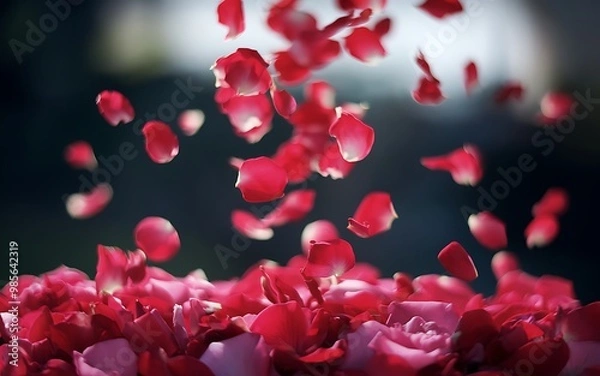 Obraz Red rose petals falling on a bed of petals.