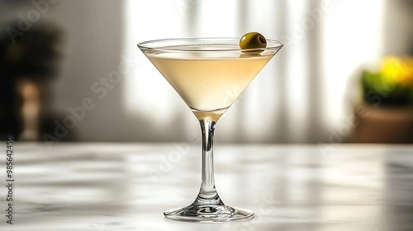 Fototapeta A classic Martini cocktail in a sleek martini glass, clear liquid garnished with an olive, set against a bright white background, minimalistic composition, soft lighting.  --ar 16:9 --no logo