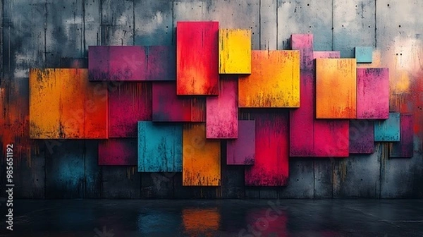 Fototapeta A vibrant urban mosaic made from abstract geometric graffiti elements, neon colors blending with rough concrete textures,