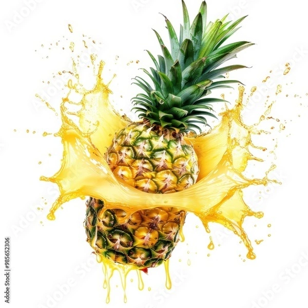 Fototapeta Whole Pineapple with Juice Splash Isolated on White Background, Ideal for Branding