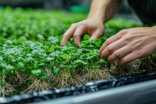 Fototapeta Scientist s hands examining plant roots in nutrient-rich water during hydroponic food research