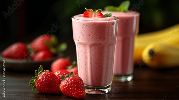 Fototapeta Two glasses of strawberry banana smoothies with fresh strawberries and banana slices.