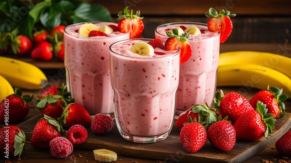 Fototapeta Two glasses of strawberry banana smoothies with fresh strawberries and banana slices.