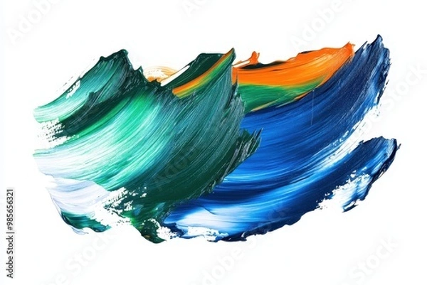 Fototapeta Abstract painting with vibrant brushstrokes in green, blue, and orange, evoking nature.