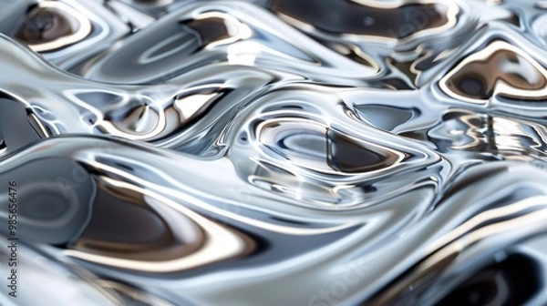 Fototapeta Silver Metallic Waves Shiny Chrome Metal Wavy Liquid Pattern