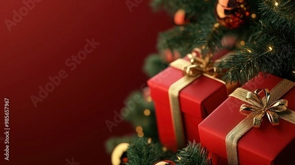 Fototapeta Christmas red gift boxes with golden ribbon on background Christmas tree. Xmas greeting card. Happy holiday. Copy space