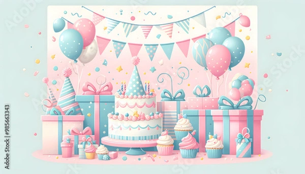 Fototapeta 誕生日パーティーのカラフルなデザイン - ケーキ、カップケーキ、ギフト、バルーン

