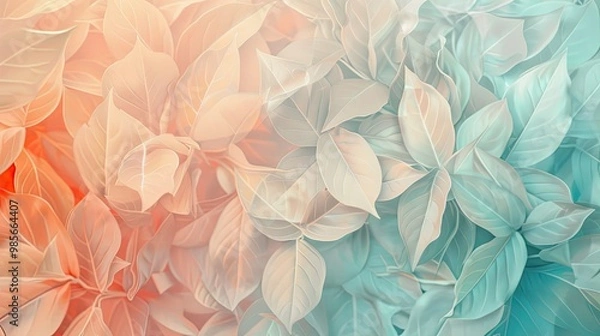 Fototapeta Delicate leaf patterns on an apricot to turquoise gradient backdrop evoking spring growth