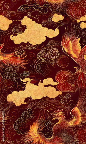 Fototapeta Chinese-inspired doodle tile seamless patterns in an illustrator graphic style
