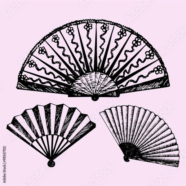 Obraz set of folding fan,doodle style, sketch illustration