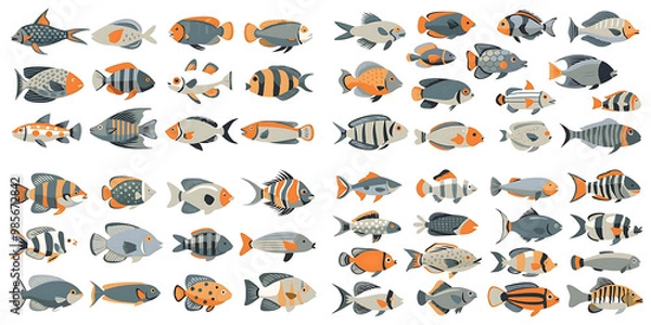 Fototapeta Illustration set of exotic fish white background
