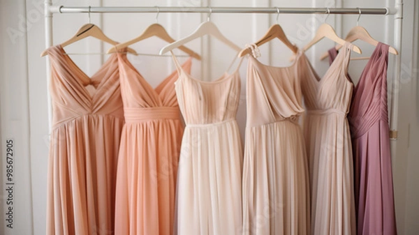 Obraz A colorful array of bridesmaid dresses hanging on a rack, perfect for bridal boutiques and wedding planners.