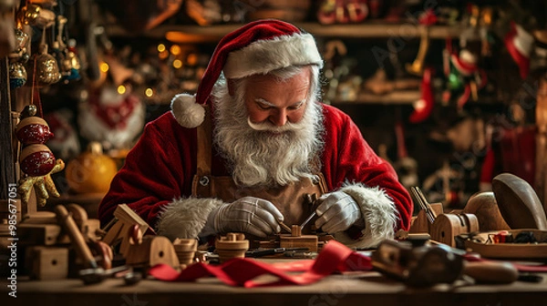 Obraz santa claus working in workshop making toys - christmas eve