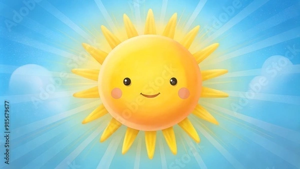 Fototapeta Happy cartoon sun with a smiling face shining brightly against a blue sky background for children's content.